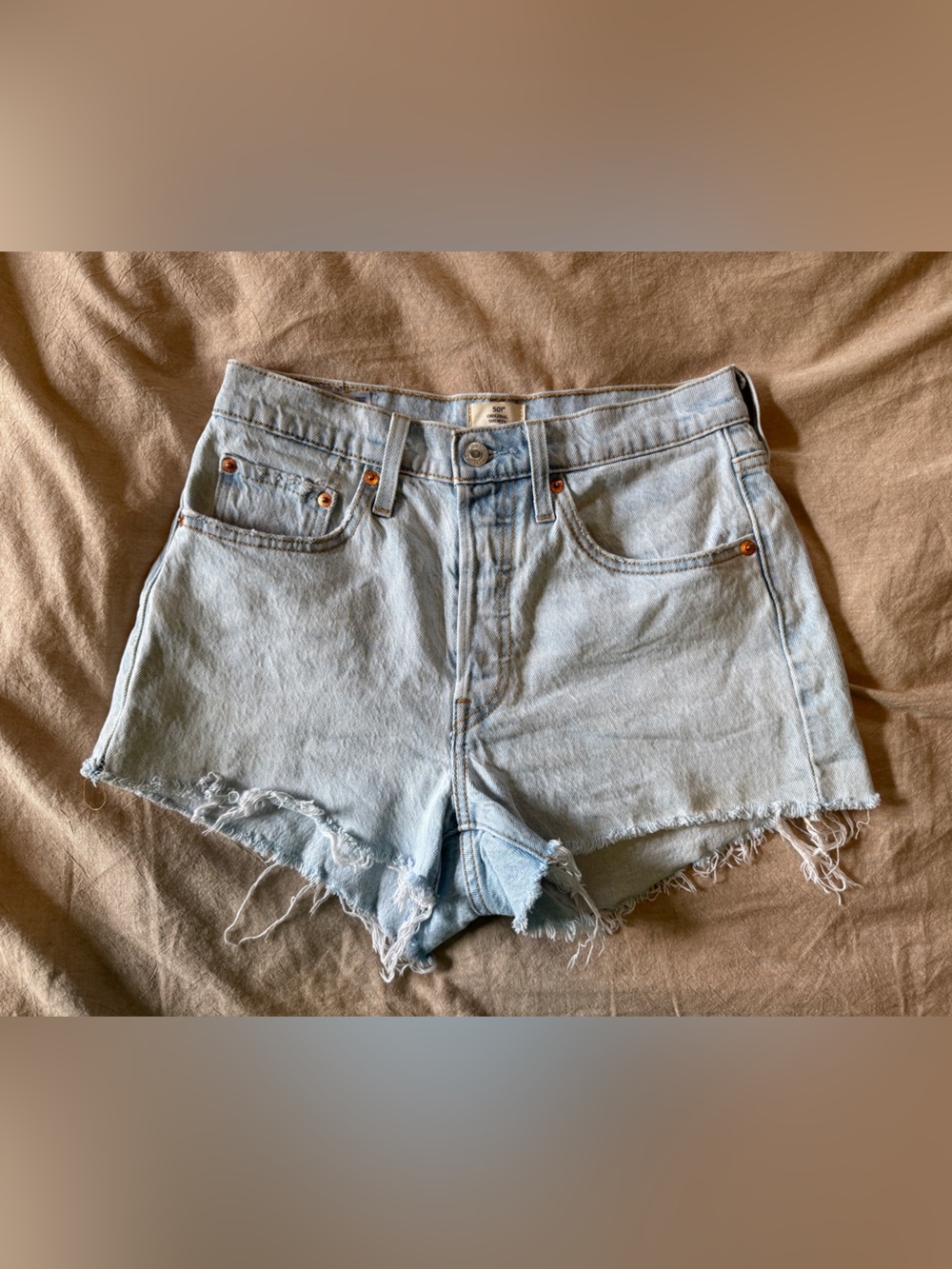 Levi's Light Blue High-Rise Frayed Denim Shorts